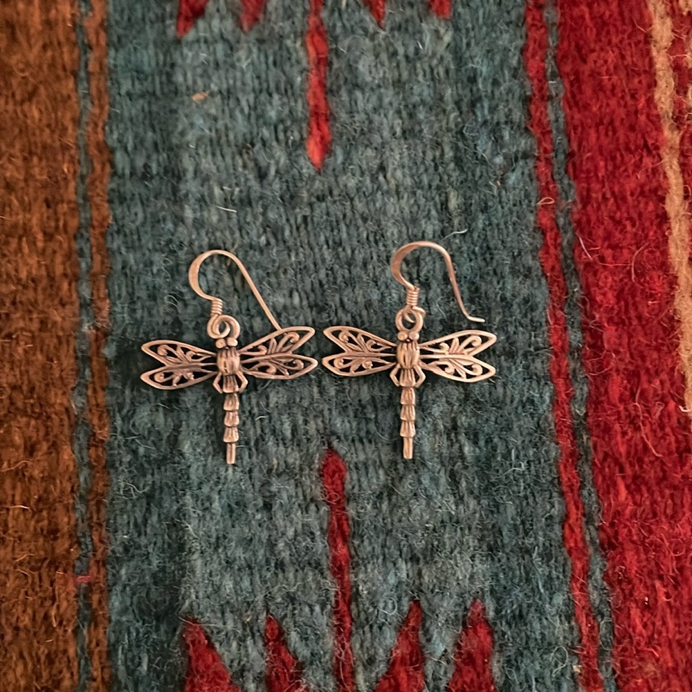 Sterling Silver Dragonfly Drop Hook Earrings - image 1